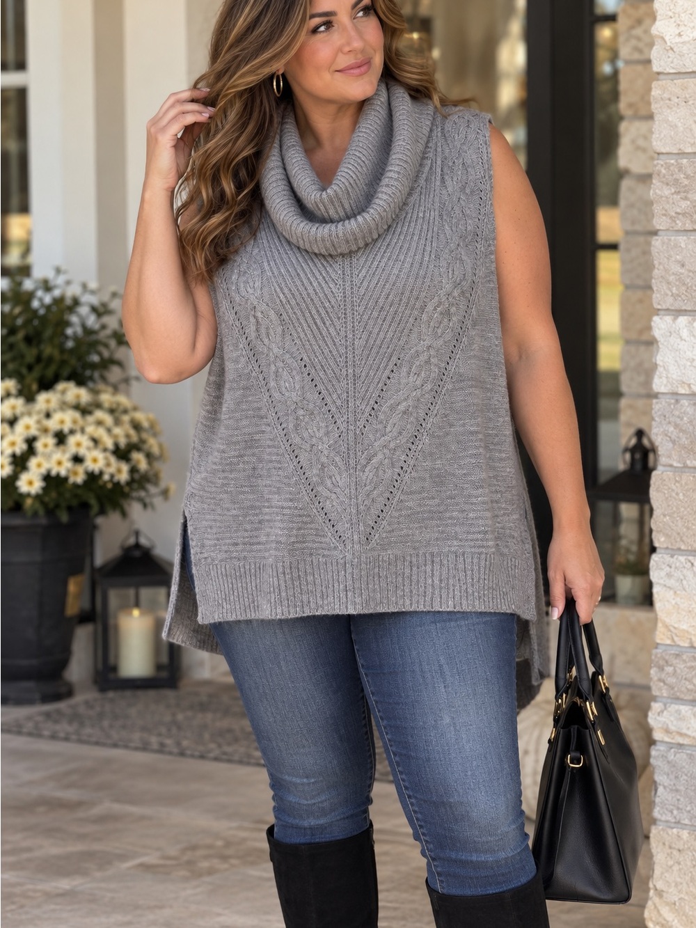 White House Black Market Gray Cable Knit Cowl Neck Sweater – Size S